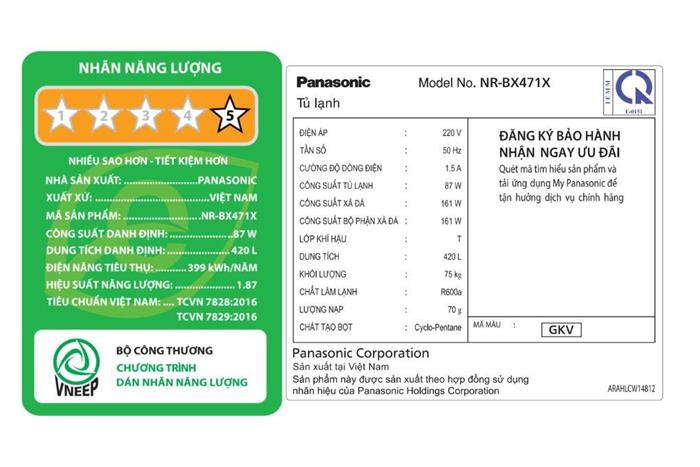 Tủ lạnh Panasonic Inverter 420 lít NR-BX471XGKV Màu Đen