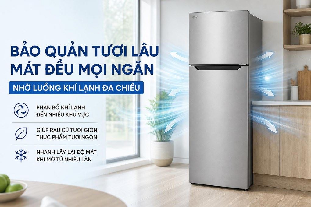 Tủ lạnh LG Inverter 292 lít T30SV - Bảo quản thực phẩm tươi lâu và làm lạnh đồng đều nhờ luồng khí lạnh đa chiều