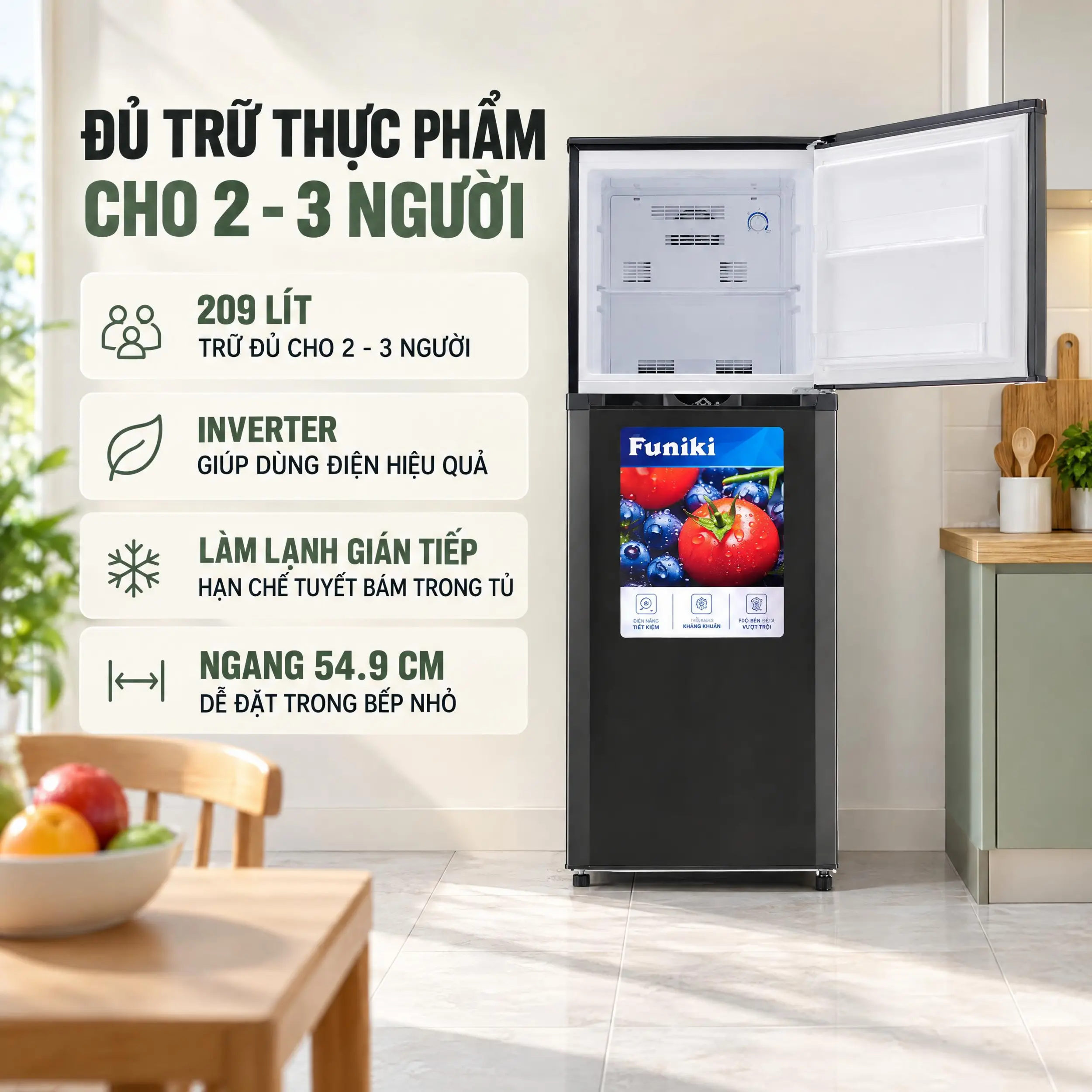 Tủ lạnh Funiki Inverter 209 lít HR T8209TDG Màu Đen