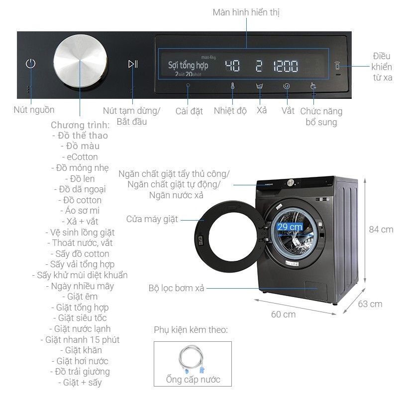 Máy giặt sấy Samsung AI Ecobubble Inverter giặt 11 kg - sấy 7 kg WD11T734DBX/SV