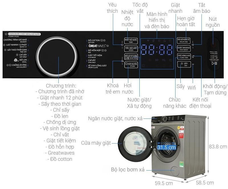 Máy giặt sấy Toshiba Inverter giặt 10.5 kg - sấy 7 kg TWD-BM115GF4V(SK)