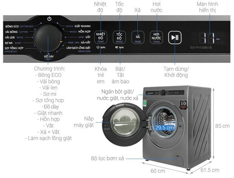 Máy giặt Sharp Inverter 10.5 kg ES-FH105BV-B