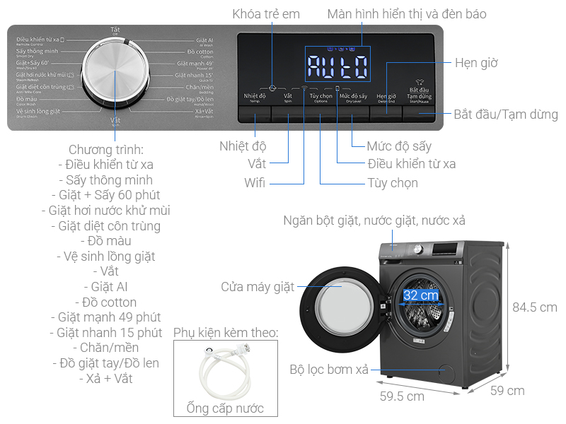 Máy giặt sấy Hisense Inverter giặt 10.5 kg - sấy 7 kg WDQA1043BT