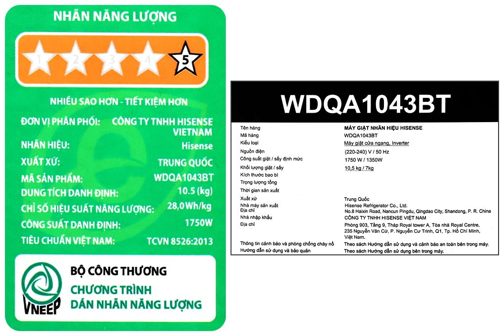 Máy giặt sấy Hisense Inverter giặt 10.5 kg - sấy 7 kg WDQA1043BT Màu Xám
