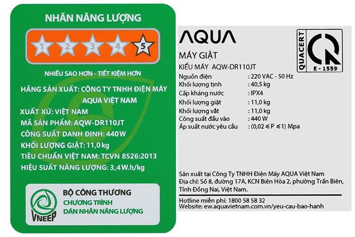 Máy giặt Aqua Inverter 11 kg AQW-DR110JT BK Màu Đen