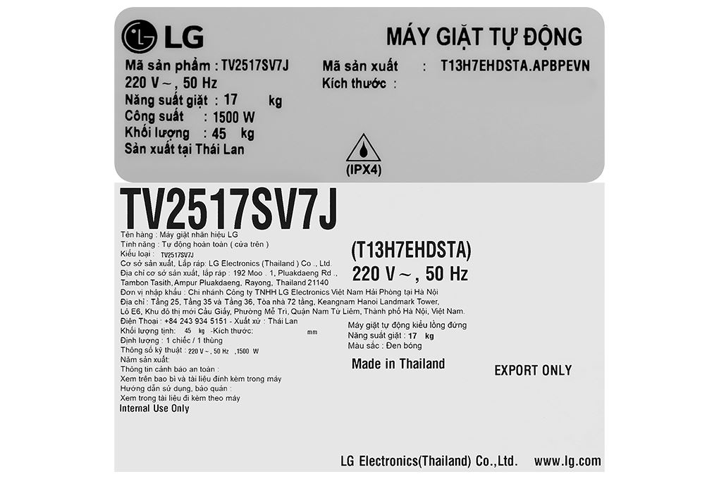 Máy giặt LG AI DD Inverter 17 kg TV2517SV7J Màu Đen - Bạc