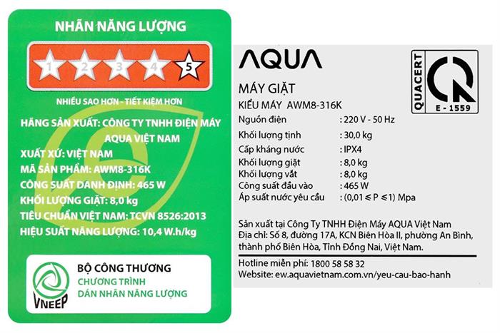 Máy giặt Aqua 8 kg AWM8-316K(B) Màu Đen