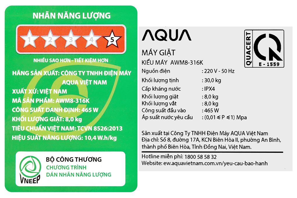 Máy giặt Aqua 8 kg AWM8-316K(B) Màu Đen