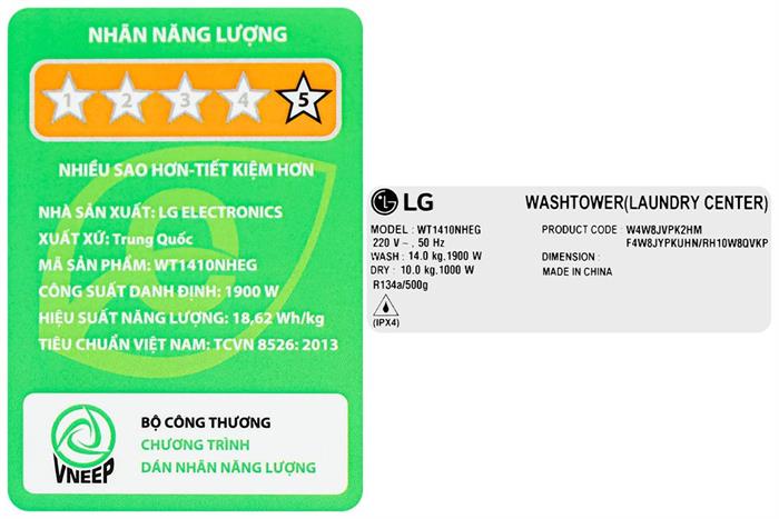 Tháp giặt sấy LG WashTower Inverter giặt 14 kg - sấy 10 kg WT1410NHEG Màu Màu be