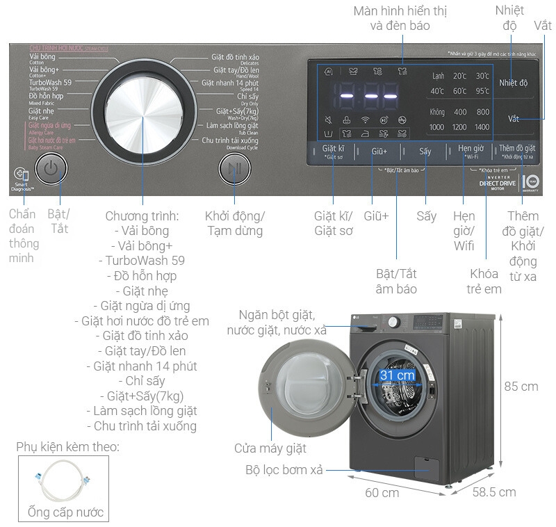 Máy giặt sấy LG Inverter giặt 11 kg - sấy 7 kg FV1411D4B