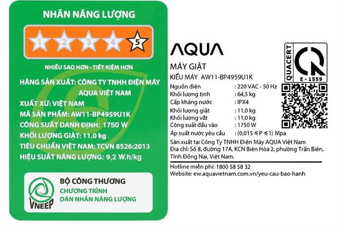 Máy giặt Aqua Inverter 11 kg AW11-BP4959U1K(B) Màu Đen
