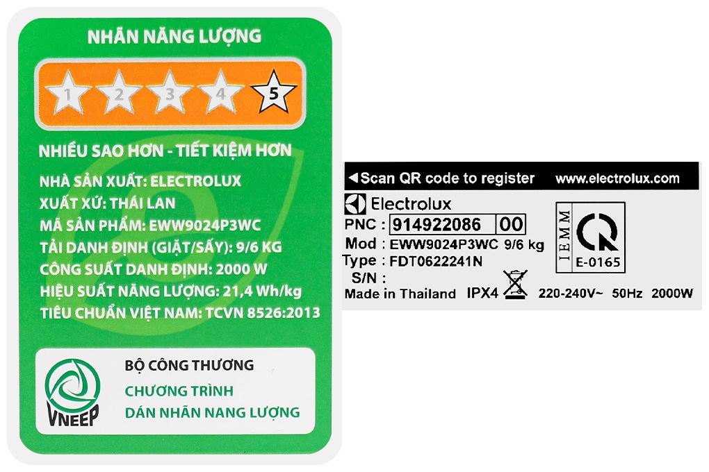 Máy giặt sấy Electrolux UltimateCare 300 Inverter giặt 9 kg - sấy 6 kg EWW9024P3WC Màu Trắng