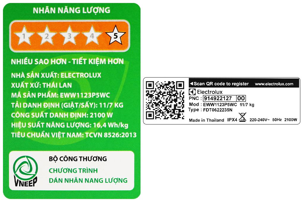 Máy giặt sấy Electrolux UltimateCare 500 Inverter giặt 11 kg - sấy 7 kg EWW1123P5WC Màu Trắng