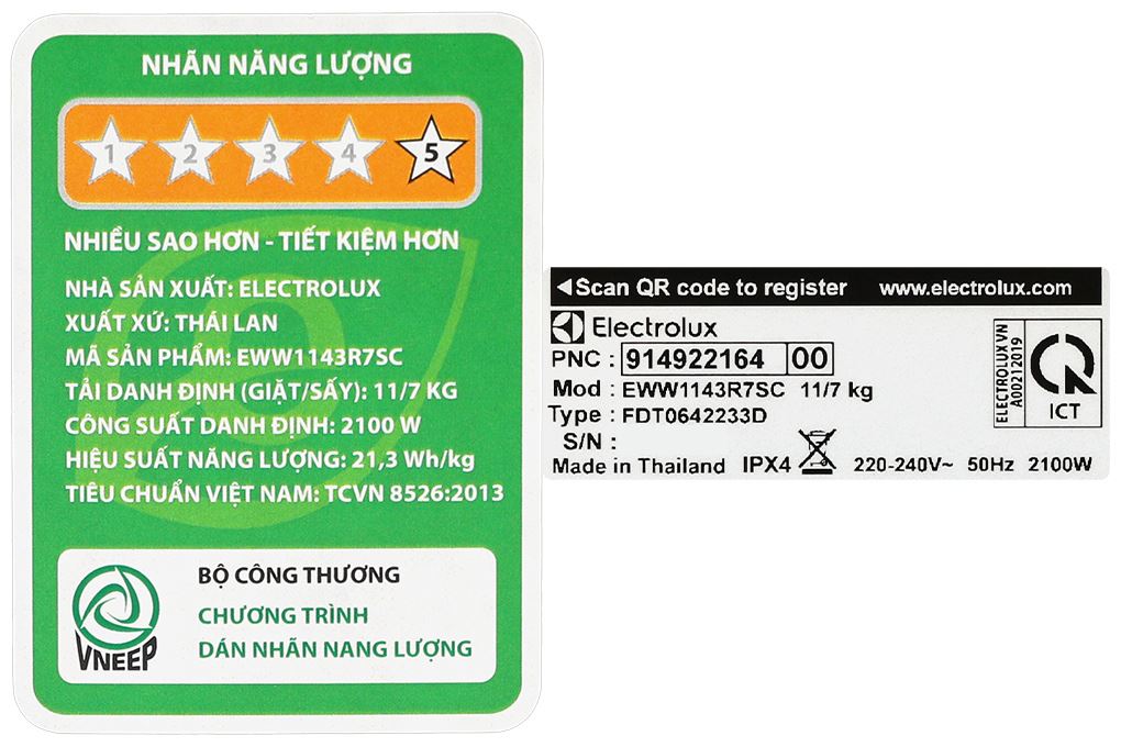 Máy giặt sấy Electrolux UltimateCare 700 Inverter giặt 11 kg - sấy 7 kg EWW1143R7SC Màu Đen - Xám