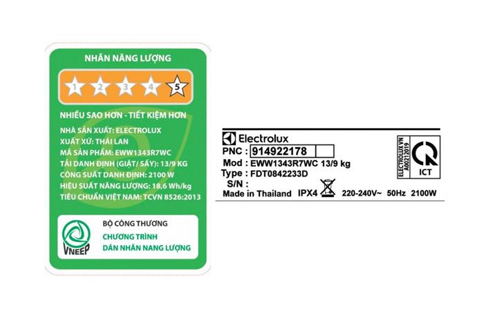 Máy giặt sấy Electrolux UltimateCare 700 Inverter giặt 13 kg - sấy 9 kg EWW1343R7WC Màu Trắng