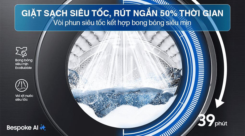 Giặt sạch siêu tốc - Máy giặt Samsung AI EcoBubble Inverter 12 kg WW12CG604DLBSV Giặt sạch siêu tốc - Máy giặt Samsung AI EcoBubble Inverter 12 kg WW12CG604DLBSV
