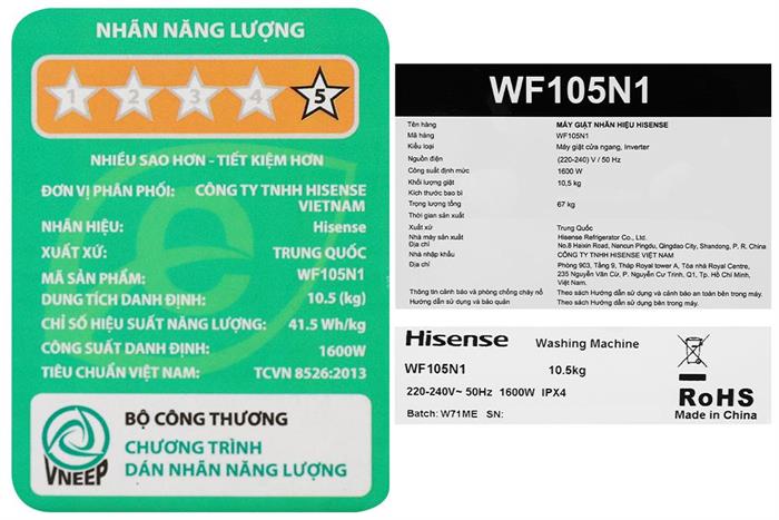 Máy giặt Hisense Inverter 10.5 kg WF105N1 Màu Đen