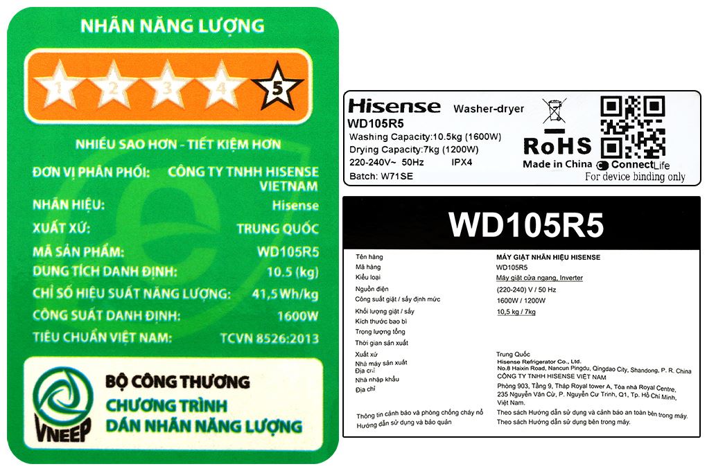Máy giặt sấy Hisense Roman Holiday Inverter giặt 10.5 kg - sấy 7 kg WD105R5 Màu Xanh mint