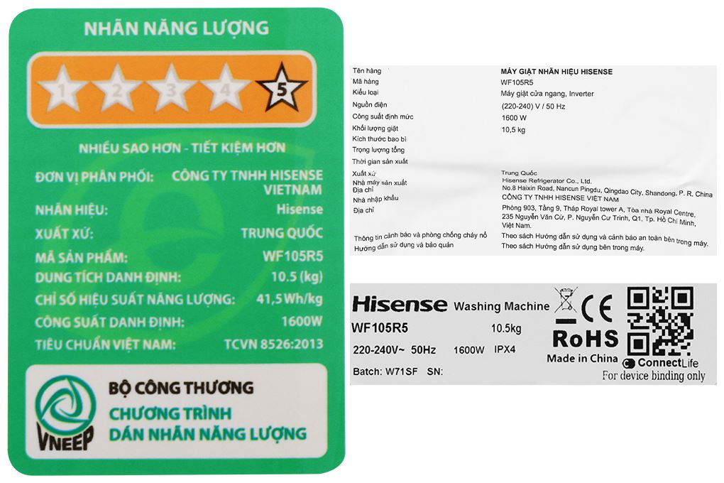 Máy giặt Hisense Roman Holiday Inverter 10.5 kg WF105R5 Màu Trắng - vàng đồng