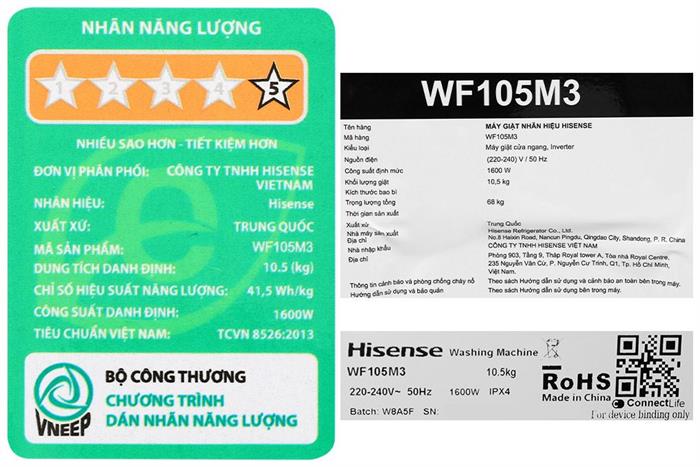 Máy giặt Hisense Inverter 10.5 kg WF105M3 Màu Đen