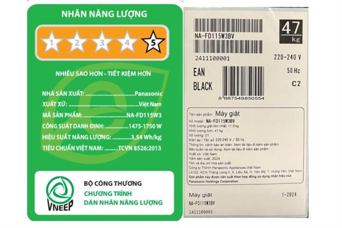 Máy giặt Panasonic Inverter 11.5 kg NA-FD115W3BV Màu Đen
