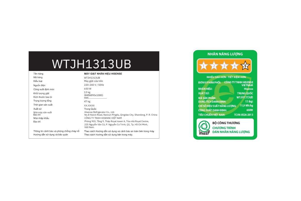 Máy giặt Hisense 13 kg WTJH1313UB Màu Đen
