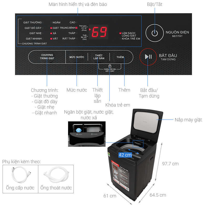 Máy giặt Sharp 12.5 kg ES-TM125CN-MR