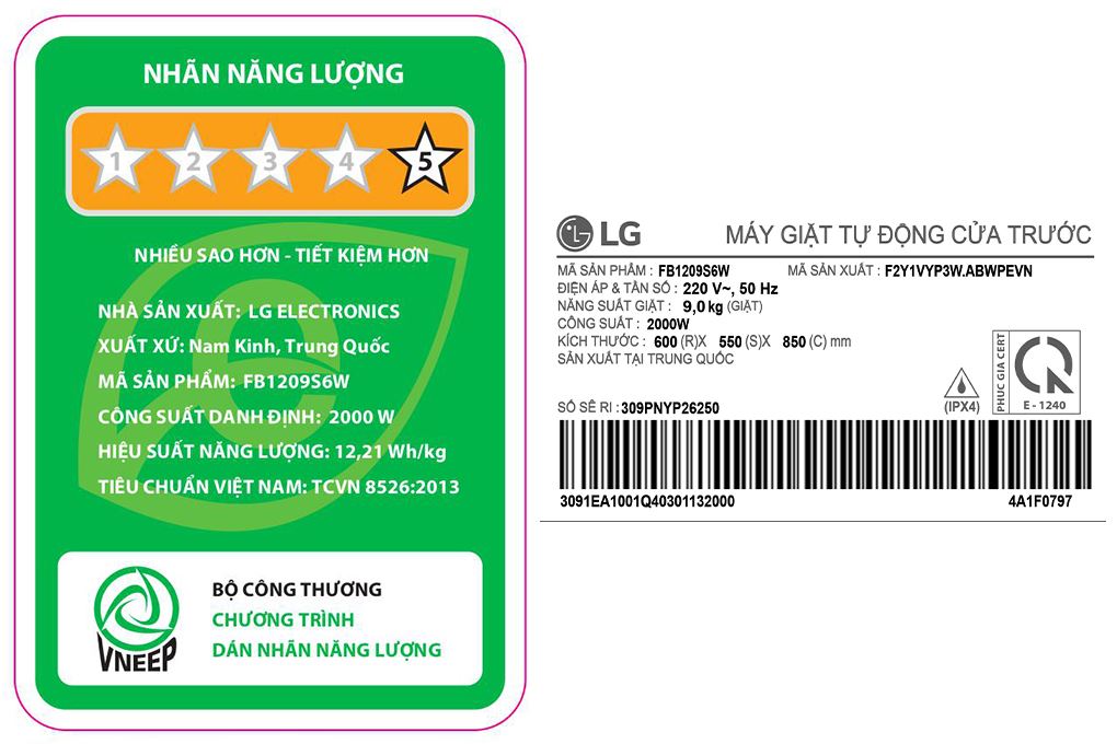 Máy giặt LG Inverter 9 kg FB1209S6W Màu Trắng