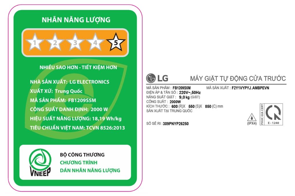 Máy giặt LG Inverter 9 kg FB1209S5M Màu Đen