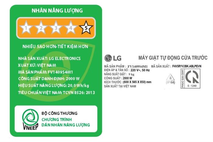 Máy giặt LG Inverter 9 kg FV1409S4M1 Màu Đen
