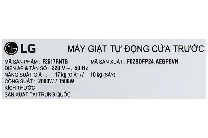 Máy giặt sấy LG Inverter giặt 17 kg - sấy 10 kg F2517RNTG Màu Ghi đen