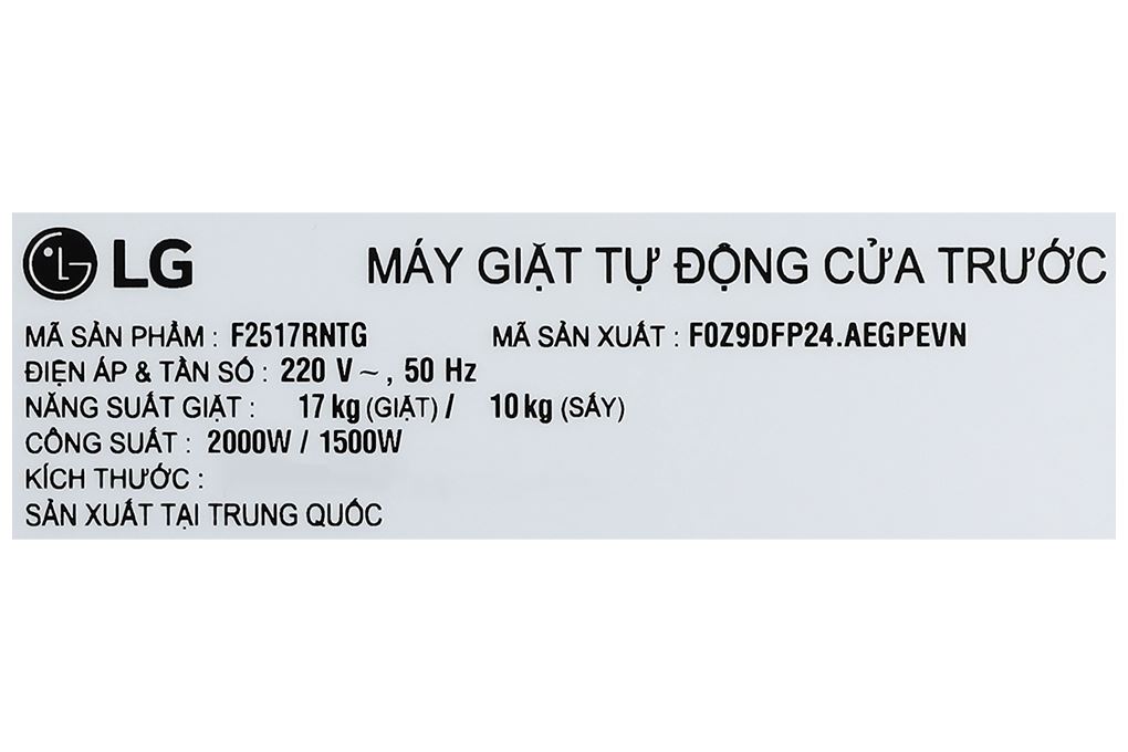 Máy giặt sấy LG Inverter giặt 17 kg - sấy 10 kg F2517RNTG Màu Ghi đen