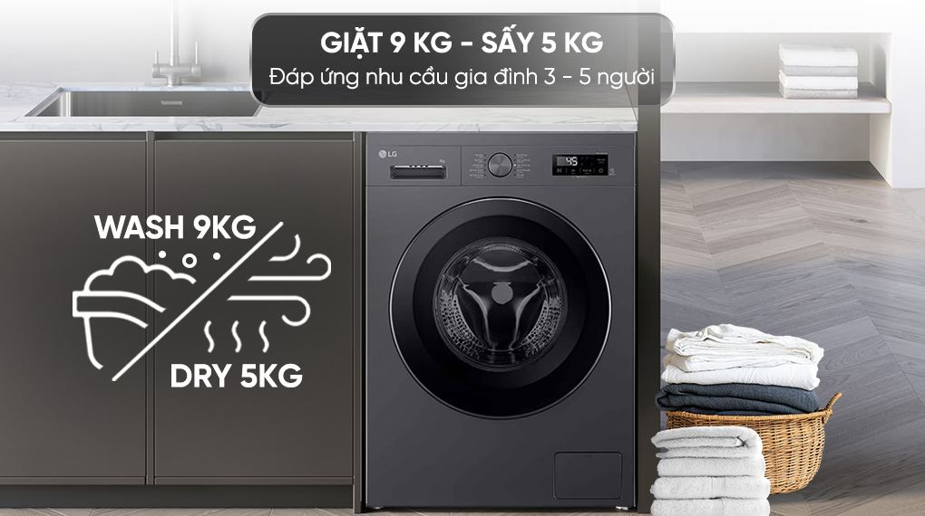 Máy giặt sấy LG Inverter giặt 9 kg - sấy 5 kg FB1209D5M - Khối lượng giặt