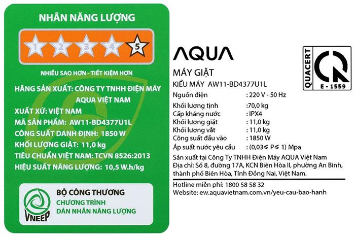 Máy giặt Aqua Inverter 11 kg AW11-BD4377U1L(GN) Màu Đen