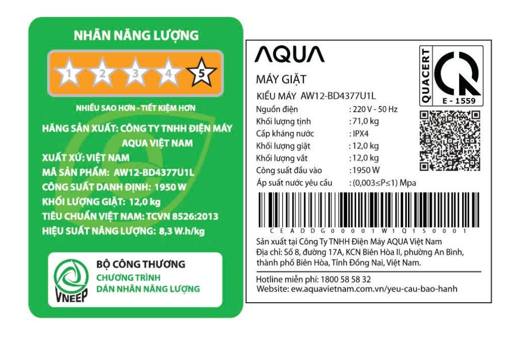 Máy giặt Aqua Inverter 12 kg AW12-BD4377U1L(GN) Màu Đen