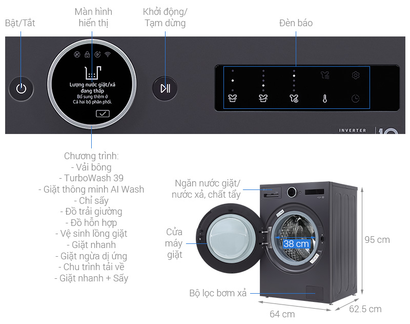 Máy giặt sấy LG Inverter giặt 15 kg - sấy 8 kg F2515RNTG