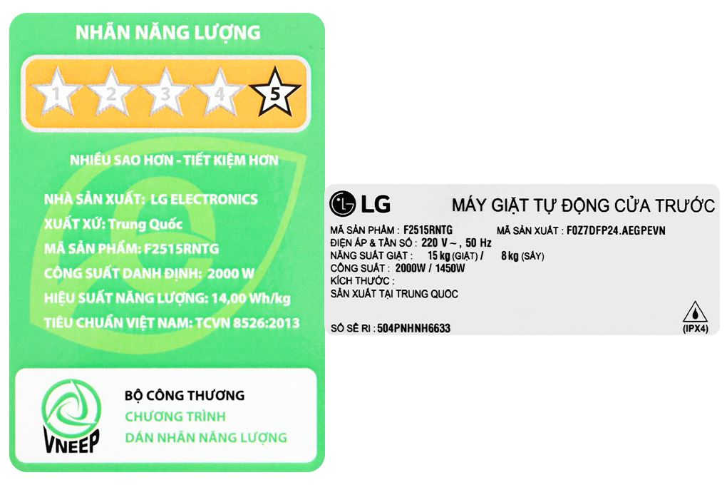 Máy giặt sấy LG Inverter giặt 15 kg - sấy 8 kg F2515RNTG Màu Ghi đen