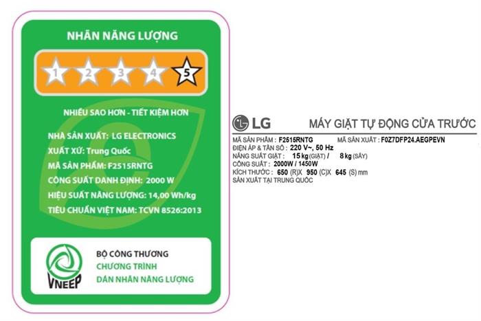 Máy giặt sấy LG Inverter giặt 15 kg - sấy 8 kg F2515RNTG Màu Ghi đen