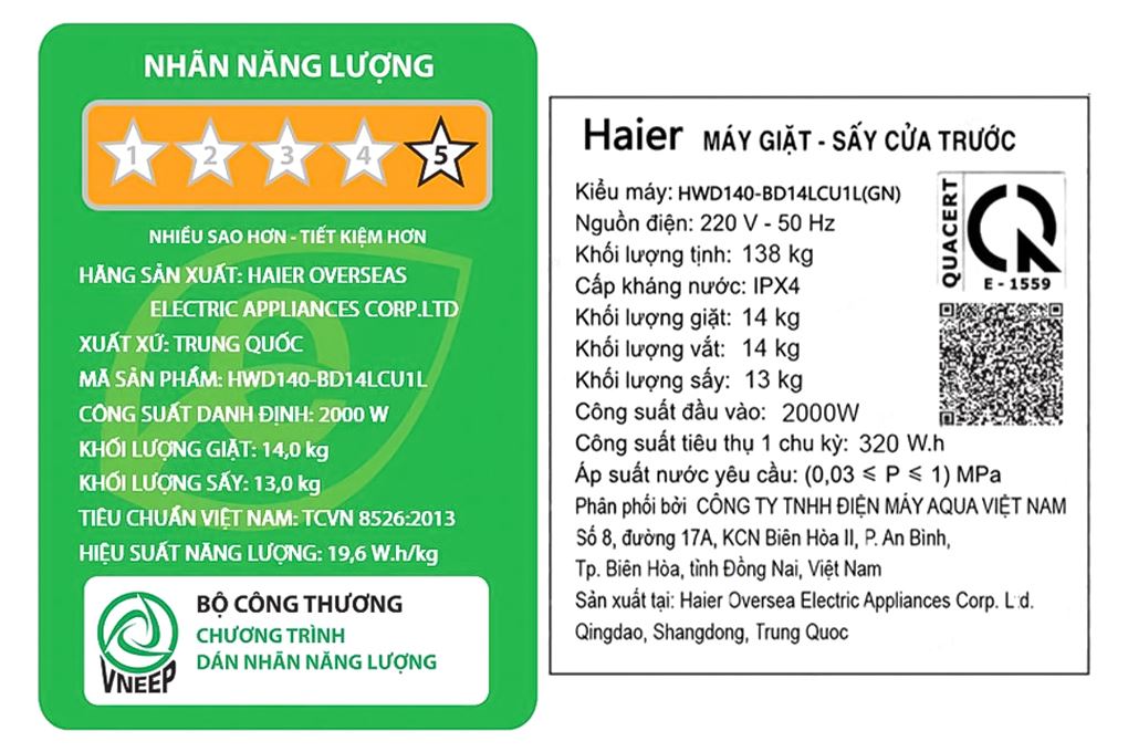 Tháp giặt sấy Haier Laundry Center Inverter giặt 14 kg - sấy 13 kg HWD140-BD14LCU1L(GN) Màu Đen - Xám
