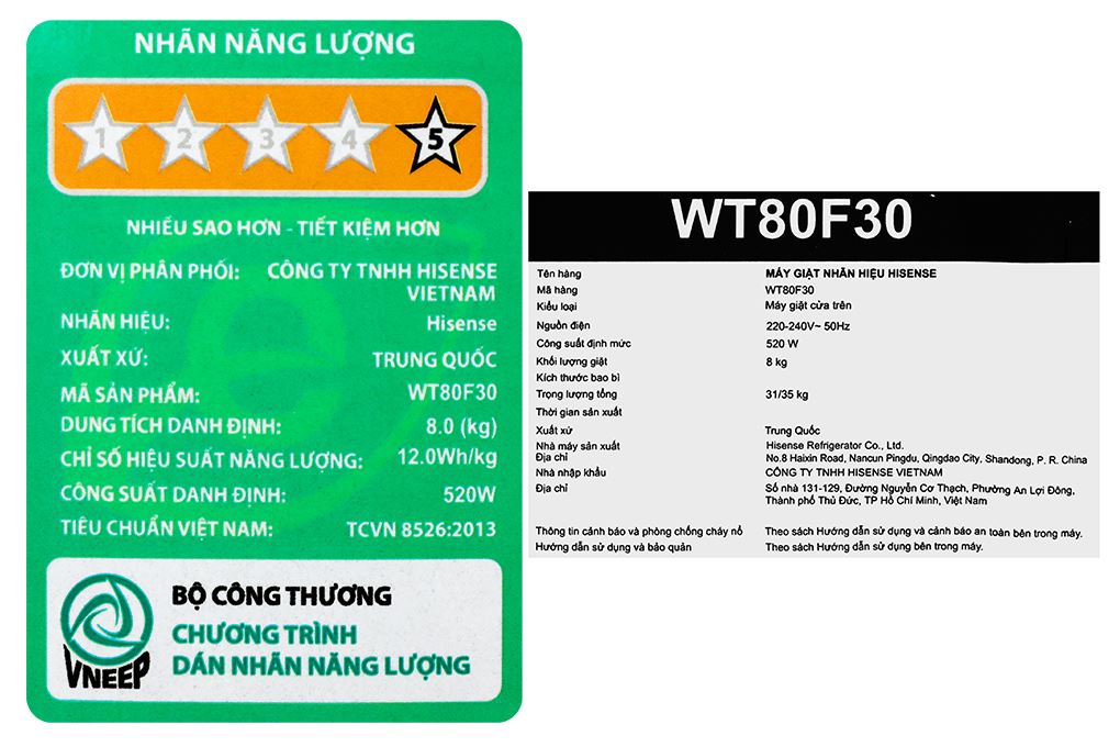 Máy giặt Hisense 8 kg WT80F30 Màu Đen