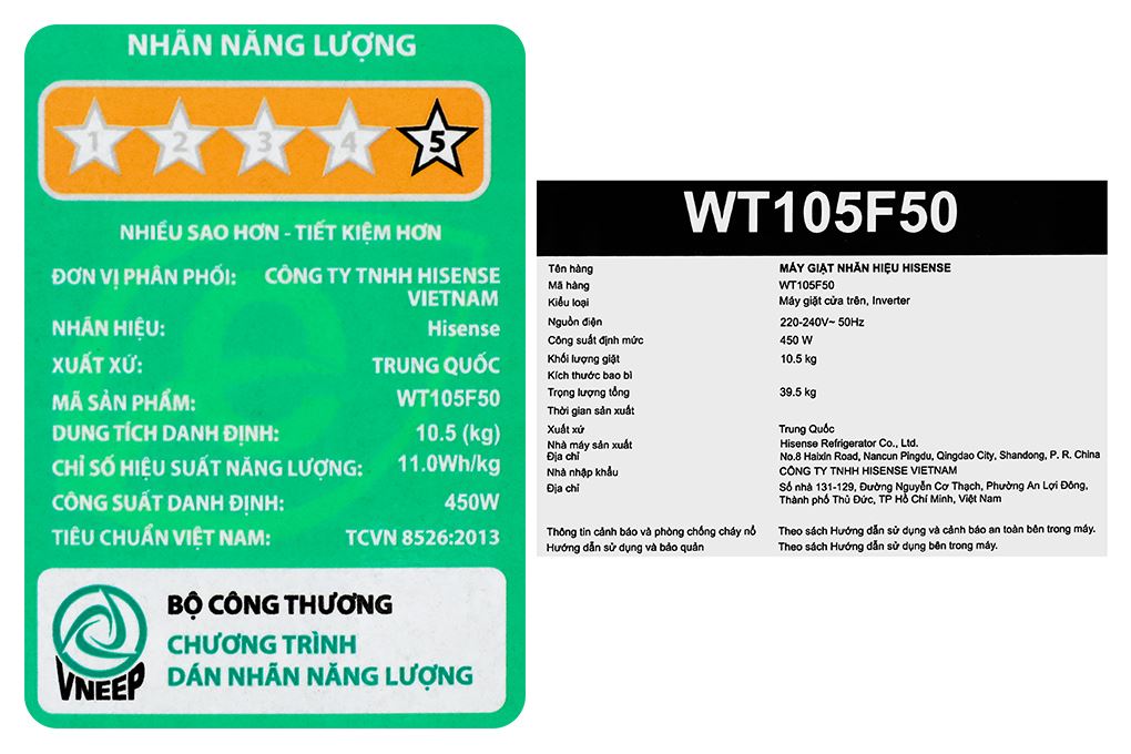 Máy giặt Hisense Inverter 10.5 kg WT105F50 Màu Đen