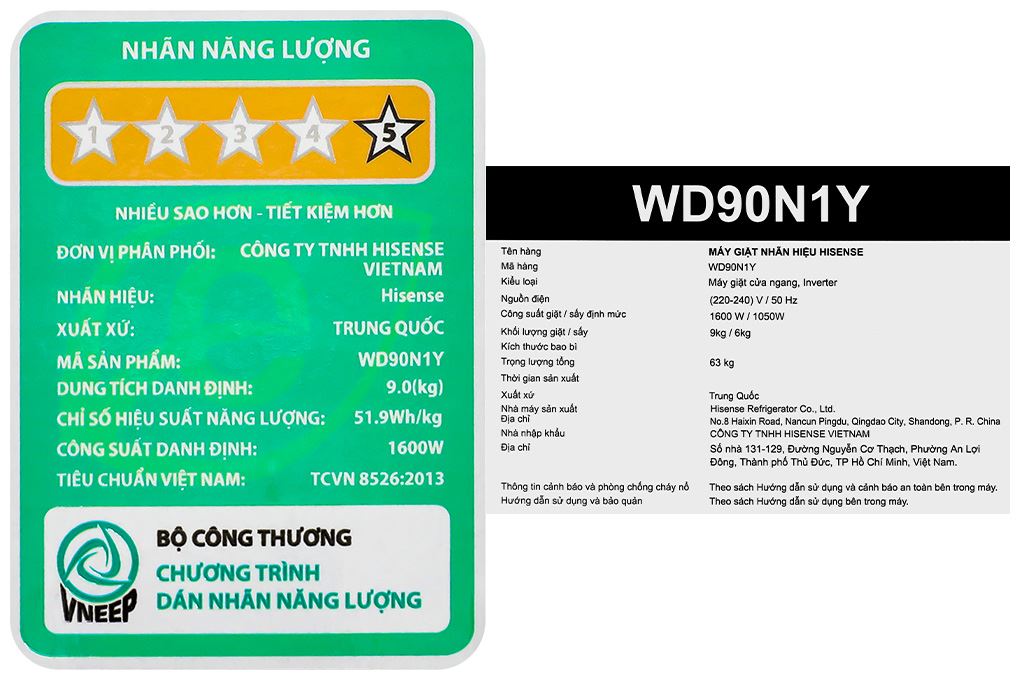 Máy giặt sấy Hisense Inverter giặt 9 kg - sấy 6 kg WD90N1Y Màu Đen