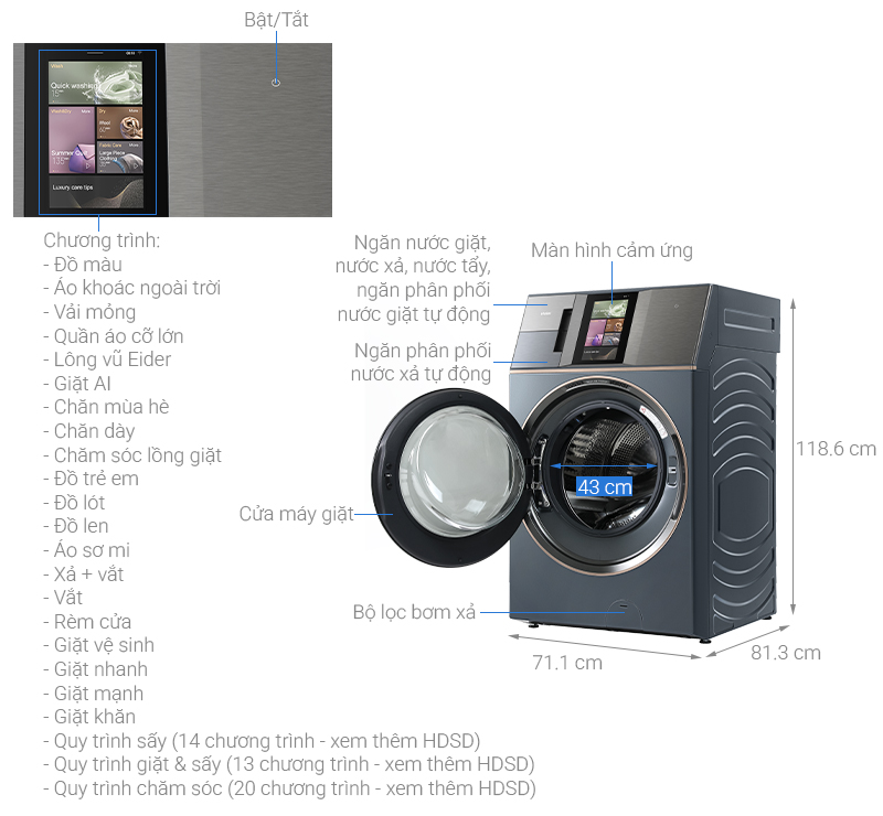 Máy giặt sấy Haier L+ Inverter giặt 24 kg - sấy 16 kg HWD240-BD12LU1L(GN)