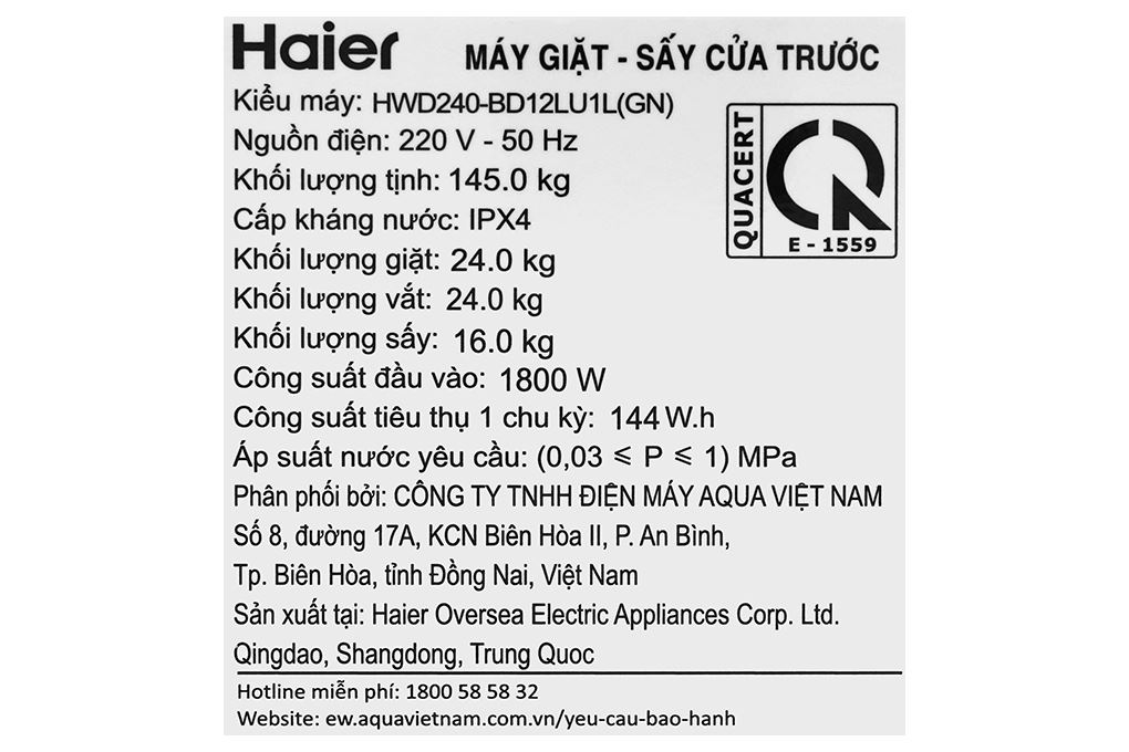 Máy giặt sấy Haier L+ Inverter giặt 24 kg - sấy 16 kg HWD240-BD12LU1L(GN) Màu Đen - Xám