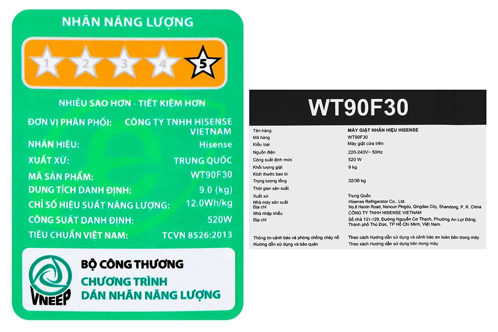 Máy giặt Hisense 9 kg WT90F30 Màu Đen