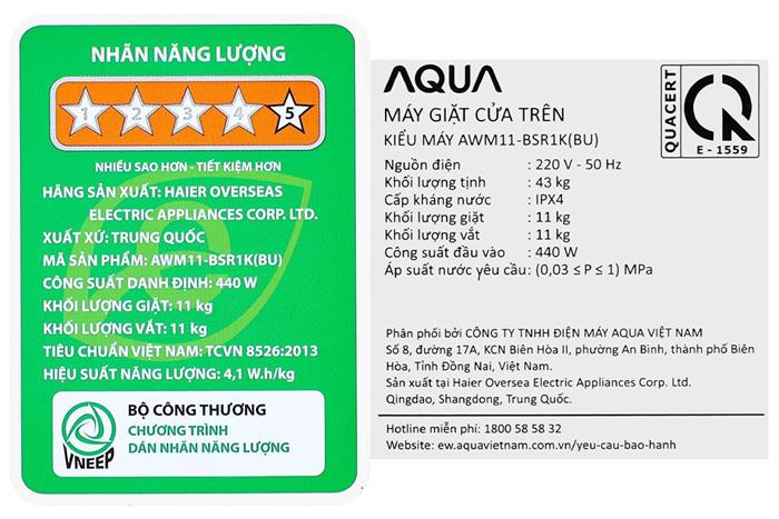 Máy giặt Aqua Inverter 11 kg AWM11-BSR1K(BU) Màu Đen - Xám