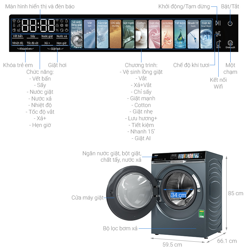 Máy giặt sấy Haier Inverter giặt 14 kg - sấy 8 kg HWD140-BD14387GNU1