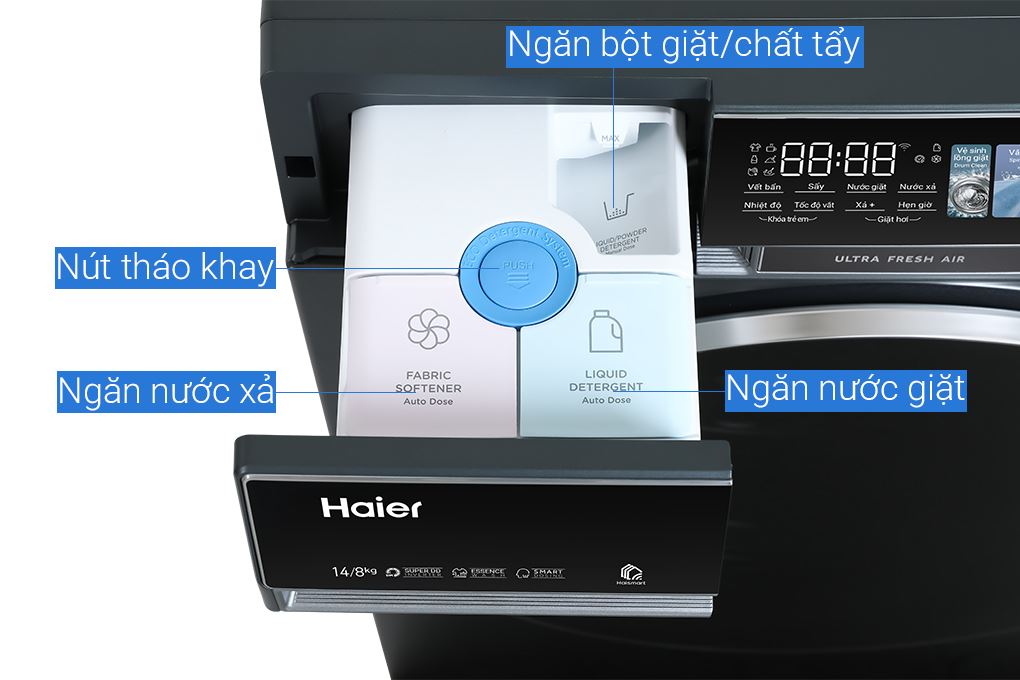 Máy giặt sấy Haier Inverter giặt 14 kg - sấy 8 kg HWD140-BD14387GNU1 Màu Đen - Xám