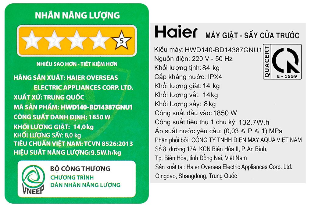 Máy giặt sấy Haier Inverter giặt 14 kg - sấy 8 kg HWD140-BD14387GNU1 Màu Đen - Xám