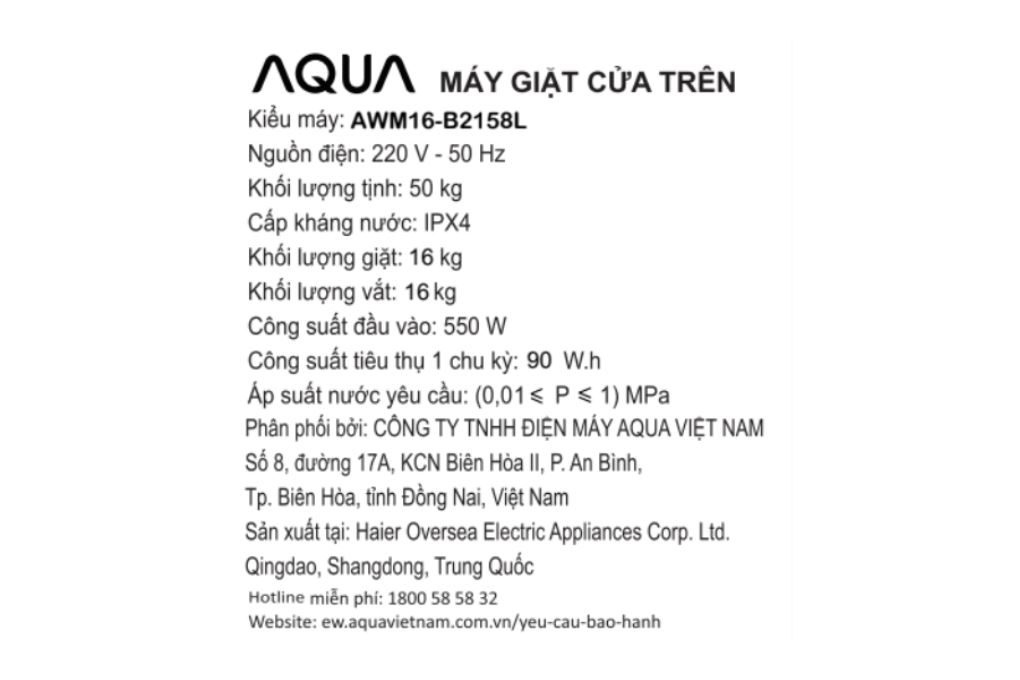 Máy giặt Aqua Inverter 16 kg AWM16-B2158L(B) Màu Đen